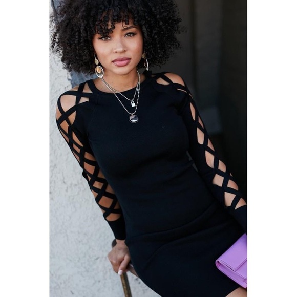 Lattice Cutout Sleeve Ribbed Knit Bodycon Mini Dress - Picture 5 of 7